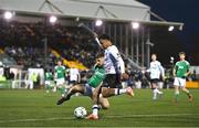 25 September 2023; Sam Durrant of Dundalk in action against Aaron Bolger of Cork City during the SSE Airtricity Men's Premier Division match between Dundalk and Cork City at Oriel Park in Dundalk, Louth. Photo by Ben McShane/Sportsfile