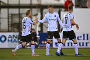 25 September 2023; Hayden Muller of Dundalk celebrates with teammate Daryl Horgan, left, who assisted, after scoring their side's first goal during the SSE Airtricity Men's Premier Division match between Dundalk and Cork City at Oriel Park in Dundalk, Louth. Photo by Ben McShane/Sportsfile