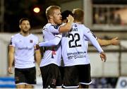 25 September 2023; Daryl Horgan of Dundalk celebrates with teammate Sam Durrant, right, after scoring their side's third goal during the SSE Airtricity Men's Premier Division match between Dundalk and Cork City at Oriel Park in Dundalk, Louth. Photo by Ben McShane/Sportsfile