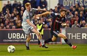 25 September 2023; Adam McDonnell of Bohemians is tackled by Shane Farrell of Shelbourne during the SSE Airtricity Men's Premier Division match between Bohemians and Shelbourne at Dalymount Park in Dublin. Photo by Tyler Miller/Sportsfile