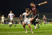 25 September 2023; Jordan Flores of Bohemians in action against Tyreke Wilson of Shelbourne during the SSE Airtricity Men's Premier Division match between Bohemians and Shelbourne at Dalymount Park in Dublin. Photo by Tyler Miller/Sportsfile