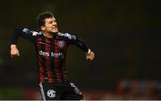 25 September 2023; Ali Coote of Bohemians celebrates after scoring his side's first goal during the SSE Airtricity Men's Premier Division match between Bohemians and Shelbourne at Dalymount Park in Dublin. Photo by Tyler Miller/Sportsfile