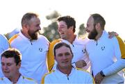 26 September 2023; Europe players, from left, Shane Lowry, Viktor Hovland and Tyrrell Hatton during a team photocall before the 2023 Ryder Cup at Marco Simone Golf and Country Club in Rome, Italy. Photo by Ramsey Cardy/Sportsfile