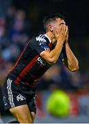 25 September 2023; Jordan Flores of Bohemians reacts to a missed opportunity on goal during the SSE Airtricity Men's Premier Division match between Bohemians and Shelbourne at Dalymount Park in Dublin. Photo by Tyler Miller/Sportsfile