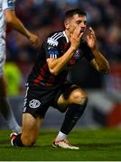 25 September 2023; Jordan Flores of Bohemians reacts to a missed opportunity on goal during the SSE Airtricity Men's Premier Division match between Bohemians and Shelbourne at Dalymount Park in Dublin. Photo by Tyler Miller/Sportsfile