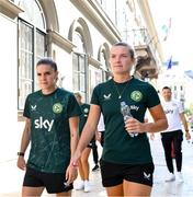 26 September 2023; Saoirse Noonan, right, and Jamie Finn of Republic of Ireland during a team walk before the UEFA Women's Nations League B1 match between Hungary and Republic of Ireland at Hidegkuti Nándor Stadium in Budapest, Hungary. Photo by Stephen McCarthy/Sportsfile