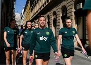26 September 2023; Chloe Mustaki and Lucy Quinn, right, of Republic of Ireland during a team walk before the UEFA Women's Nations League B1 match between Hungary and Republic of Ireland at Hidegkuti Nándor Stadium in Budapest, Hungary. Photo by Stephen McCarthy/Sportsfile