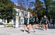 26 September 2023; Kyra Carusa and Marissa Sheva, left, of Republic of Ireland during a team walk before the UEFA Women's Nations League B1 match between Hungary and Republic of Ireland at Hidegkuti Nándor Stadium in Budapest, Hungary. Photo by Stephen McCarthy/Sportsfile
