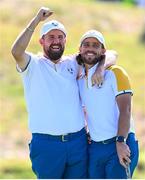 26 September 2023; Shane Lowry, left, and Tommy Fleetwood of Europe on the 18th green after their practice round before the 2023 Ryder Cup at Marco Simone Golf and Country Club in Rome, Italy. Photo by Ramsey Cardy/Sportsfile