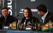 26 September 2023; Chantelle Cameron, trainer Jamie Moore, left, and promoter Eddie Hearn during the official pre-fight press conference, at The Westin Hotel in Dublin, ahead of the highly anticipated rematch between Chantelle Cameron and Katie Taylor on November 25th. Photo by David Fitzgerald/Sportsfile