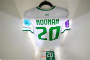 26 September 2023; The jersey of Saoirse Noonan is seen hanging in the Republic of Ireland dressing room before the UEFA Women's Nations League B1 match between Hungary and Republic of Ireland at Hidegkuti Nándor Stadium in Budapest, Hungary. Photo by Stephen McCarthy/Sportsfile
