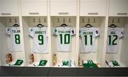 26 September 2023; The jerseys of, from left, Tyler Toland, Amber Barrett, Denise O'Sullivan, Katie McCabe and Lily Agg are seen hanging in the Republic of Ireland dressing room before the UEFA Women's Nations League B1 match between Hungary and Republic of Ireland at Hidegkuti Nándor Stadium in Budapest, Hungary. Photo by Stephen McCarthy/Sportsfile