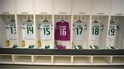 26 September 2023; The jerseys of, from left, Hayley Nolan, Heather Payne, Louise Quinn, goalkeeper Grace Moloney, Jamie Finn, Kyra Carusa and Abbie Larkin are seen hanging in the Republic of Ireland dressing room before the UEFA Women's Nations League B1 match between Hungary and Republic of Ireland at Hidegkuti Nándor Stadium in Budapest, Hungary. Photo by Stephen McCarthy/Sportsfile