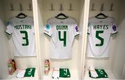 26 September 2023; The jerseys of, from left, Chloe Mustaki, Louise Quinn and Caitlin Hayes are seen hanging in the Republic of Ireland dressing room before the UEFA Women's Nations League B1 match between Hungary and Republic of Ireland at Hidegkuti Nándor Stadium in Budapest, Hungary. Photo by Stephen McCarthy/Sportsfile