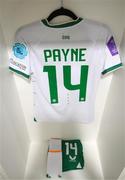26 September 2023; The jerseys of Heather Payne is seen hanging in the Republic of Ireland dressing room before the UEFA Women's Nations League B1 match between Hungary and Republic of Ireland at Hidegkuti Nándor Stadium in Budapest, Hungary. Photo by Stephen McCarthy/Sportsfile