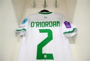 26 September 2023; The jersey of Claire O'Riordan is seen hanging in the Republic of Ireland dressing room before the UEFA Women's Nations League B1 match between Hungary and Republic of Ireland at Hidegkuti Nándor Stadium in Budapest, Hungary. Photo by Stephen McCarthy/Sportsfile