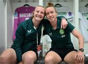 26 September 2023; Republic of Ireland goalkeeper Courtney Brosnan, left, and team-mate Claire O'Riordan before the UEFA Women's Nations League B1 match between Hungary and Republic of Ireland at Hidegkuti Nándor Stadium in Budapest, Hungary. Photo by Stephen McCarthy/Sportsfile