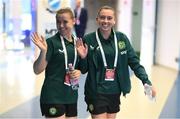 26 September 2023; Emily Whelan of Republic of Ireland, left, and team-mate Abbie Larkin before the UEFA Women's Nations League B1 match between Hungary and Republic of Ireland at Hidegkuti Nándor Stadium in Budapest, Hungary. Photo by Stephen McCarthy/Sportsfile