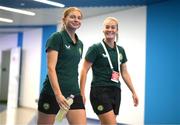 26 September 2023; Haley Nolan of Republic of Ireland, left, and team-mate Lily Agg before the UEFA Women's Nations League B1 match between Hungary and Republic of Ireland at Hidegkuti Nándor Stadium in Budapest, Hungary. Photo by Stephen McCarthy/Sportsfile