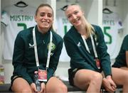 26 September 2023; Chloe Mustaki of Republic of Ireland, left, and team-mate Louise Quinn before the UEFA Women's Nations League B1 match between Hungary and Republic of Ireland at Hidegkuti Nándor Stadium in Budapest, Hungary. Photo by Stephen McCarthy/Sportsfile