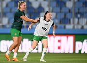26 September 2023; Saoirse Noonan of Republic of Ireland, left, and team-mate Lucy Quinn warm-up before the UEFA Women's Nations League B1 match between Hungary and Republic of Ireland at Hidegkuti Nándor Stadium in Budapest, Hungary. Photo by Stephen McCarthy/Sportsfile