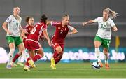 26 September 2023; Lily Agg of Republic of Ireland in action against Zsanett Kaján of Hungary during the UEFA Women's Nations League B1 match between Hungary and Republic of Ireland at Hidegkuti Nándor Stadium in Budapest, Hungary. Photo by Stephen McCarthy/Sportsfile