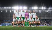 26 September 2023; The Republic of Ireland team, back row, from left to right, Louise Quinn, Diane Caldwell, Caitlin Hayes, Courtney Brosnan, Lily Agg and Kyra Carusa. Front row, from left to right, Lucy Quinn, Tyler Toland, Katie McCabe, Denise O'Sullivan and Heather Payne before the UEFA Women's Nations League B1 match between Hungary and Republic of Ireland at Hidegkuti Nándor Stadium in Budapest, Hungary. Photo by Stephen McCarthy/Sportsfile