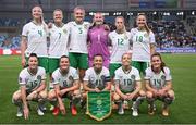 26 September 2023; The Republic of Ireland team, back row, from left to right, Louise Quinn, Diane Caldwell, Caitlin Hayes, Courtney Brosnan, Lily Agg and Kyra Carusa. Front row, from left to right, Lucy Quinn, Tyler Toland, Katie McCabe, Denise O'Sullivan and Heather Payne before the UEFA Women's Nations League B1 match between Hungary and Republic of Ireland at Hidegkuti Nándor Stadium in Budapest, Hungary. Photo by Stephen McCarthy/Sportsfile