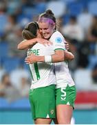 26 September 2023; Caitlin Hayes of Republic of Ireland, right, celebrates with team-mate Katie McCabe after scoring their side's first goal during the UEFA Women's Nations League B1 match between Hungary and Republic of Ireland at Hidegkuti Nándor Stadium in Budapest, Hungary. Photo by Stephen McCarthy/Sportsfile