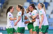 26 September 2023; Caitlin Hayes of Republic of Ireland, second from right, celebrates with team-mates, from left, Tyler Toland, Kyra Carusa, Denise O'Sullivan and Louise Quinn after scoring her side's first goal during the UEFA Women's Nations League B1 match between Hungary and Republic of Ireland at Hidegkuti Nándor Stadium in Budapest, Hungary. Photo by Stephen McCarthy/Sportsfile