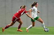 26 September 2023; Heather Payne of Republic of Ireland in action against Laura Palakovics of Hungary during the UEFA Women's Nations League B1 match between Hungary and Republic of Ireland at Hidegkuti Nándor Stadium in Budapest, Hungary. Photo by Stephen McCarthy/Sportsfile