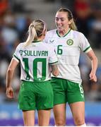 26 September 2023; Denise O'Sullivan of Republic of Ireland, left, celebrates with team-mate Megan Connolly after scoring their side's fourth goal during the UEFA Women's Nations League B1 match between Hungary and Republic of Ireland at Hidegkuti Nándor Stadium in Budapest, Hungary. Photo by Stephen McCarthy/Sportsfile