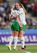 26 September 2023; Denise O'Sullivan of Republic of Ireland, left, celebrates with team-mate Megan Connolly after scoring their side's fourth goal during the UEFA Women's Nations League B1 match between Hungary and Republic of Ireland at Hidegkuti Nándor Stadium in Budapest, Hungary. Photo by Stephen McCarthy/Sportsfile
