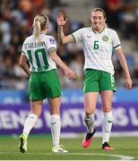 26 September 2023; Denise O'Sullivan of Republic of Ireland, left, celebrates with team-mate Megan Connolly after scoring their side's fourth goal during the UEFA Women's Nations League B1 match between Hungary and Republic of Ireland at Hidegkuti Nándor Stadium in Budapest, Hungary. Photo by Stephen McCarthy/Sportsfile