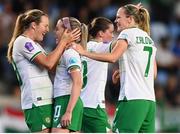26 September 2023; Denise O'Sullivan of Republic of Ireland, second from left, celebrates with team-mates Kyra Carusa, left, and Diane Caldwell after scoring their side's fourth goal during the UEFA Women's Nations League B1 match between Hungary and Republic of Ireland at Hidegkuti Nándor Stadium in Budapest, Hungary. Photo by Stephen McCarthy/Sportsfile