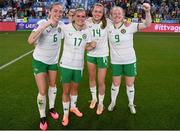 26 September 2023; Republic of Ireland players, from left, Megan Connolly, Jamie Finn, Heather Payne and Amber Barrett celebrate after their side's victory in the UEFA Women's Nations League B1 match between Hungary and Republic of Ireland at Hidegkuti Nándor Stadium in Budapest, Hungary. Photo by Stephen McCarthy/Sportsfile