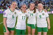 26 September 2023; Republic of Ireland players, from left, Megan Connolly, Jamie Finn, Heather Payne and Amber Barrett celebrate after their side's victory in the UEFA Women's Nations League B1 match between Hungary and Republic of Ireland at Hidegkuti Nándor Stadium in Budapest, Hungary. Photo by Stephen McCarthy/Sportsfile