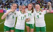 26 September 2023; Republic of Ireland players, from left, Megan Connolly, Jamie Finn, Heather Payne and Amber Barrett celebrate after their side's victory in the UEFA Women's Nations League B1 match between Hungary and Republic of Ireland at Hidegkuti Nándor Stadium in Budapest, Hungary. Photo by Stephen McCarthy/Sportsfile