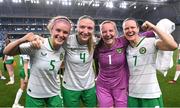 26 September 2023; Republic of Ireland players, from left, Caitlin Hayes, Louise Quinn, Courtney Brosnan and Diane Caldwell celebrate after their side's victory in the UEFA Women's Nations League B1 match between Hungary and Republic of Ireland at Hidegkuti Nándor Stadium in Budapest, Hungary. Photo by Stephen McCarthy/Sportsfile