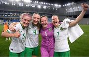 26 September 2023; Republic of Ireland players, from left, Caitlin Hayes, Louise Quinn, Courtney Brosnan and Diane Caldwell celebrate after their side's victory in the UEFA Women's Nations League B1 match between Hungary and Republic of Ireland at Hidegkuti Nándor Stadium in Budapest, Hungary. Photo by Stephen McCarthy/Sportsfile