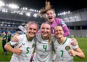 26 September 2023; Republic of Ireland players, from left, Caitlin Hayes, Louise Quinn, Courtney Brosnan and Diane Caldwell celebrate after their side's victory in the UEFA Women's Nations League B1 match between Hungary and Republic of Ireland at Hidegkuti Nándor Stadium in Budapest, Hungary. Photo by Stephen McCarthy/Sportsfile