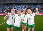 26 September 2023; Republic of Ireland players, from left, Megan Connolly, Jamie Finn, Heather Payne, and Amber Barrett after the UEFA Women's Nations League B1 match between Hungary and Republic of Ireland at Hidegkuti Nándor Stadium in Budapest, Hungary. Photo by Stephen McCarthy/Sportsfile