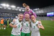 26 September 2023; Republic of Ireland players, from left, Caitlin Hayes, Louise Quinn, Courtney Brosnan, top, and Diane Caldwell celebrate after the UEFA Women's Nations League B1 match between Hungary and Republic of Ireland at Hidegkuti Nándor Stadium in Budapest, Hungary. Photo by Stephen McCarthy/Sportsfile