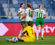 26 September 2023; Kyra Carusa, centre, of Republic of Ireland celebrates with team-mates Heather Payne, left, and Denise O'Sullivan after scoring their side's third goal during the UEFA Women's Nations League B1 match between Hungary and Republic of Ireland at Hidegkuti Nándor Stadium in Budapest, Hungary. Photo by Stephen McCarthy/Sportsfile