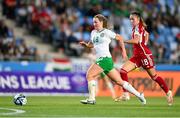 26 September 2023; Kyra Carusa of Republic of Ireland in action against Laura Kovács of Hungary during the UEFA Women's Nations League B1 match between Hungary and Republic of Ireland at Hidegkuti Nándor Stadium in Budapest, Hungary. Photo by Stephen McCarthy/Sportsfile