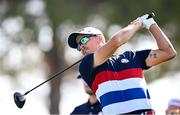 27 September 2023; Rickie Fowler of USA watches his tee shot on the second hole during a practice round before the 2023 Ryder Cup at Marco Simone Golf and Country Club in Rome, Italy. Photo by Ramsey Cardy/Sportsfile