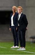 26 September 2023; Republic of Ireland interim head coach Eileen Gleeson and Hungary manager Margret Kratz, left, during the UEFA Women's Nations League B1 match between Hungary and Republic of Ireland at Hidegkuti Nándor Stadium in Budapest, Hungary. Photo by Stephen McCarthy/Sportsfile