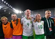 26 September 2023; Republic of Ireland players, from left, Grace Moloney, Megan Walsh, Louise Quinn, Denise O'Sullivan and Éabha O'Mahony after the UEFA Women's Nations League B1 match between Hungary and Republic of Ireland at Hidegkuti Nándor Stadium in Budapest, Hungary. Photo by Stephen McCarthy/Sportsfile
