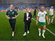 26 September 2023; Republic of Ireland head coach Eileen Gleeson, centre, with assistant coach Emma Byrne, left, and Katie McCabe, right, after the UEFA Women's Nations League B1 match between Hungary and Republic of Ireland at Hidegkuti Nándor Stadium in Budapest, Hungary. Photo by Stephen McCarthy/Sportsfile