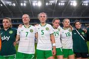 26 September 2023; Republic of Ireland players, from left, Chloe Mustaki, Diane Caldwell, Caitlin Hayes, Heather Payne, Kyra Carusa and Marissa Sheva after the UEFA Women's Nations League B1 match between Hungary and Republic of Ireland at Hidegkuti Nándor Stadium in Budapest, Hungary. Photo by Stephen McCarthy/Sportsfile